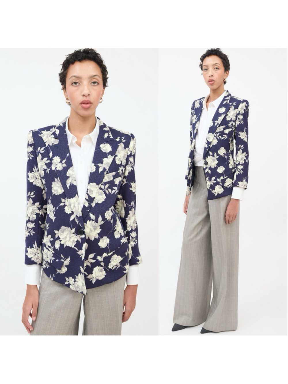 Smythe Floral Blazer Jacket US 8 Navy Cream Rose Print Peak Lapel Preppy